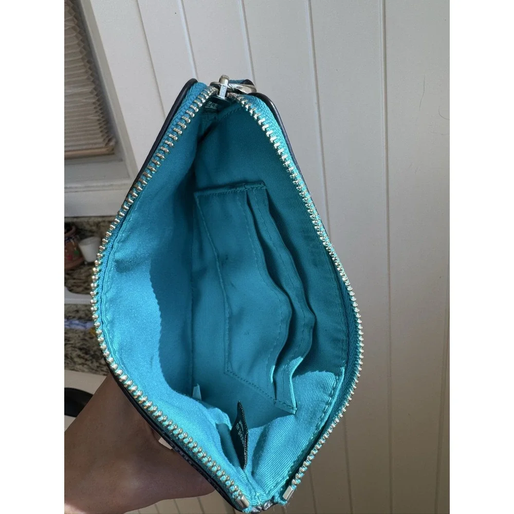 Coach F58032 Corner Zip Wristlet Turquoise Blue Green Crossgrain Leather w Slots